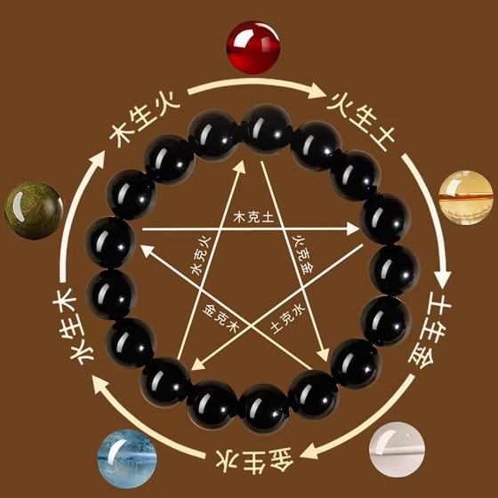 Natural obsidian and aquamarine crystal bracelet for men and women, representing the five elements.