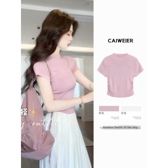 Pink short-sleeved T-shirt for women, 2026 new summer style, French-style cinched waist, hot and sexy, slimming top.